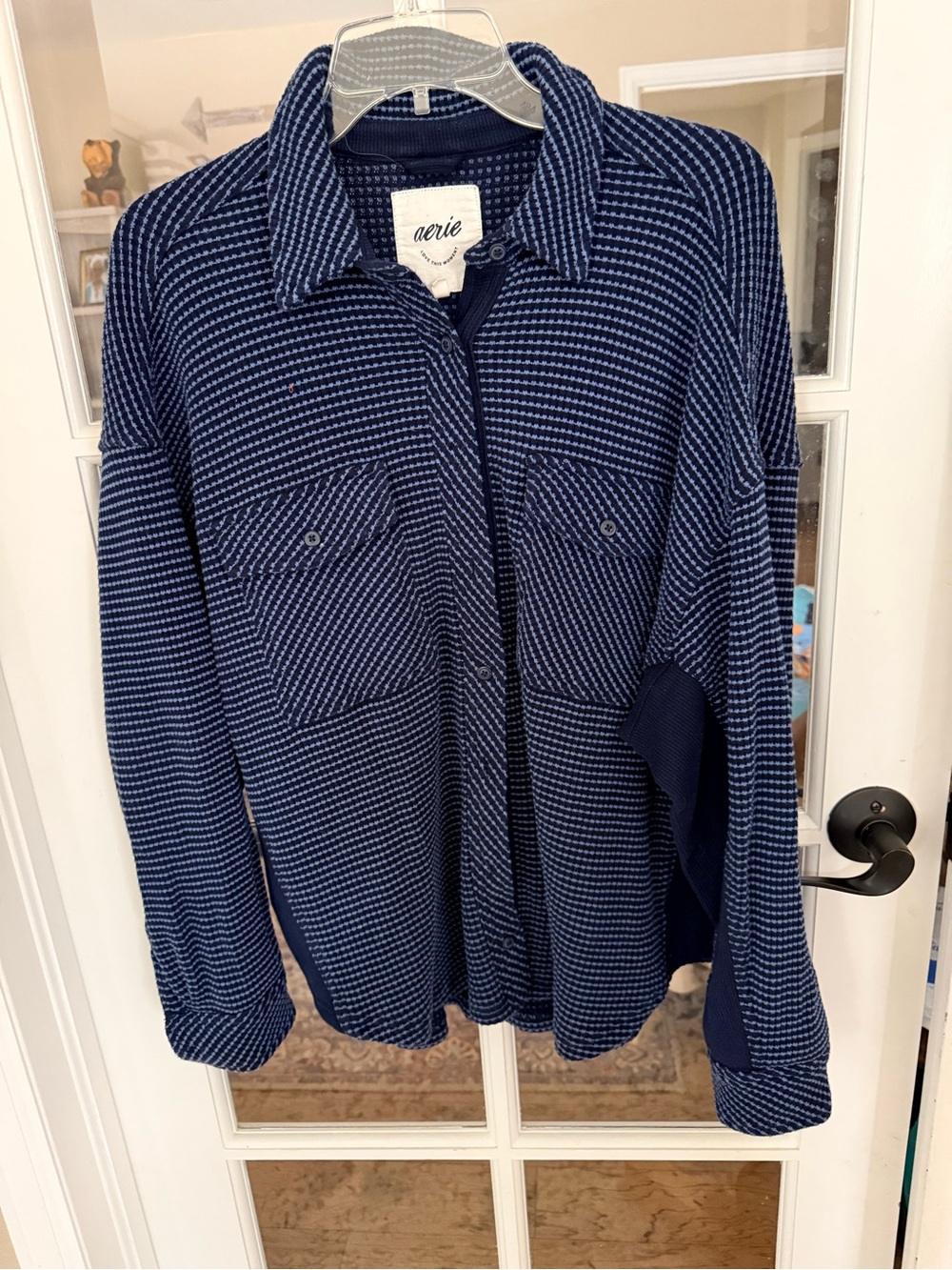 aerie Navy Blue Striped Waffle-knit Button-Up Shirt